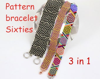 Bracelet Diagramme Patron "Sixties" en Miyuki Delicas en point Peyote noir et blanc trois en un