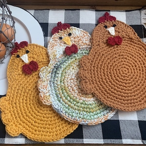 Chicken Crochet Potholders, Trivets, Handmade, 100% cotton yarn, double-layered, Farmhouse decor