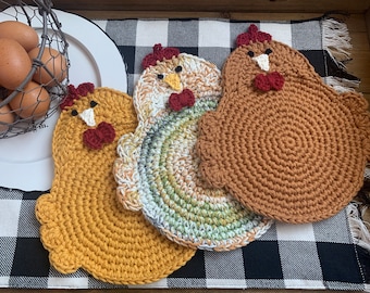 Crochet Chicken Potholders, Trivets, Handmade, 100% cotton yarn, double-layered, Mother’s Day and Father’s Day gift, Chicken lovers gift