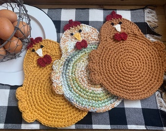 Crochet Chicken Potholders, Trivets, Handmade, 100% cotton yarn, double-layered, Mother’s Day and Father’s Day gift, Chicken lovers gift