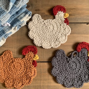 Farmhouse Chicken Crochet Coasters- 100% Cotton- Handmade- Tea Towels Decor- Mother&#39;s Day- Birthday-Chicken Lovers&#39; Gift & Housewarming gift