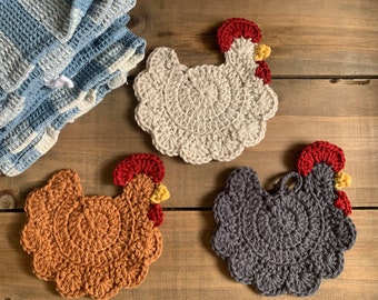 Farmhouse Chicken Crochet Coasters~100% Cotton~Handmade Gift~ Mother's Day~Birthday~Tea Party~Chicken Themed Party~Chicken Lovers' gift idea