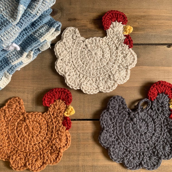 Farmhouse Chicken Crochet Coasters~100% Cotton~Handmade Gift~ Mother's Day~Birthday~Tea Party~Chicken Themed Party~Chicken Lovers' gift idea