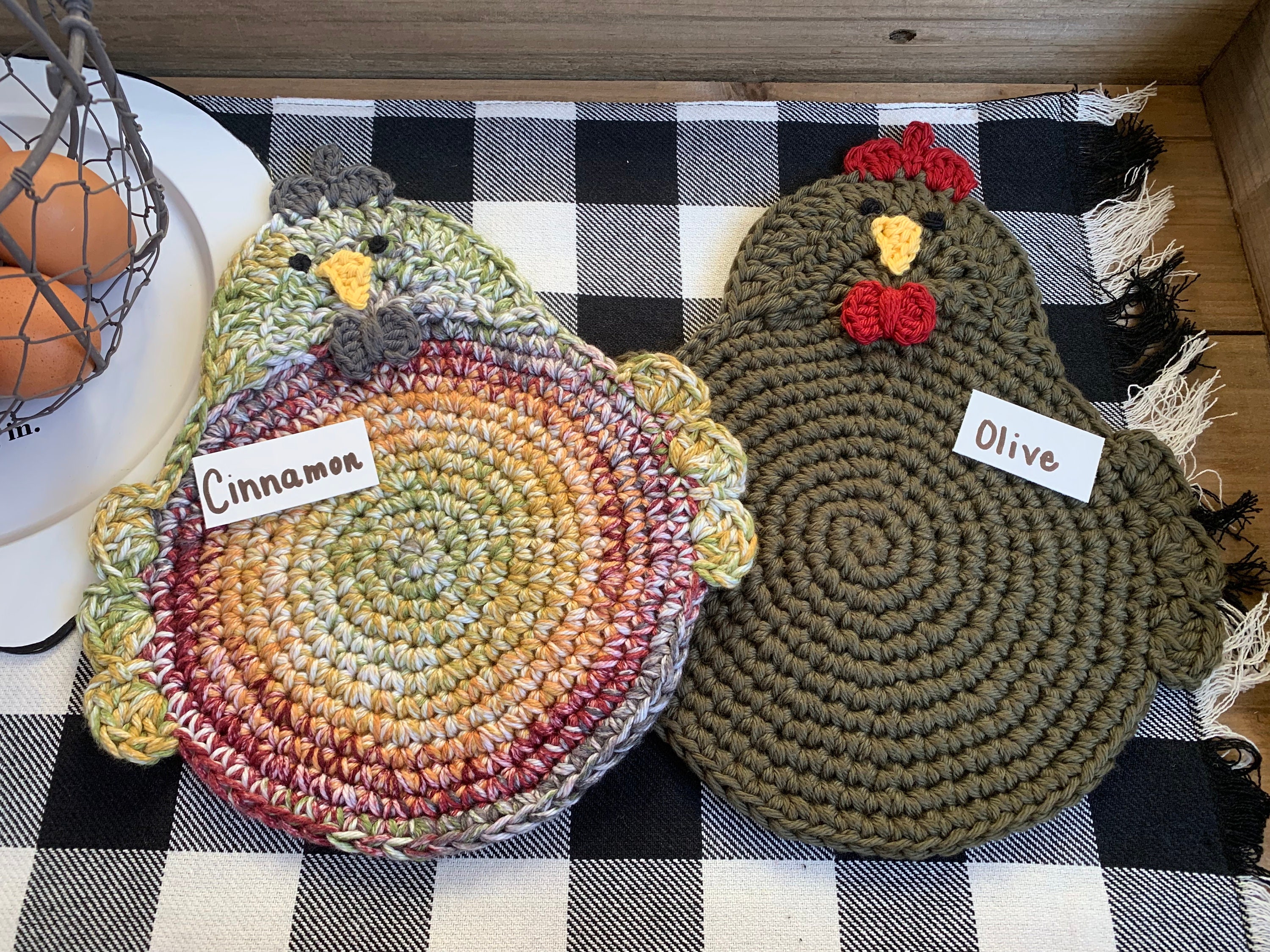 Crochet Chicken Potholders, Trivets, Handmade, 100% cotton yarn, double-layered