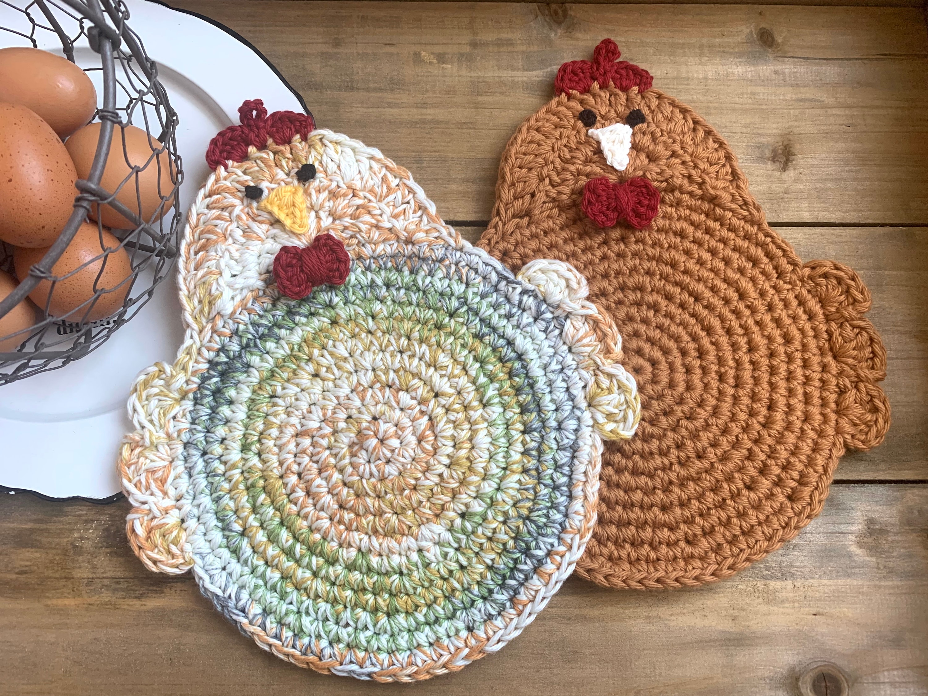 Crochet Chicken Potholders, Trivets, Handmade, 100% cotton yarn, double-layered