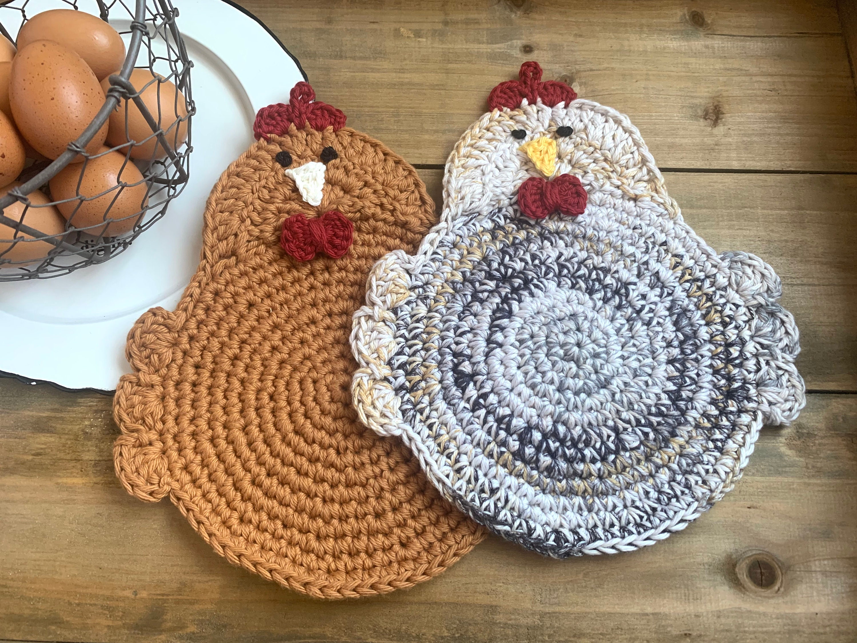 Crochet Chicken Potholders, Trivets, Handmade, 100% cotton yarn, double-layered