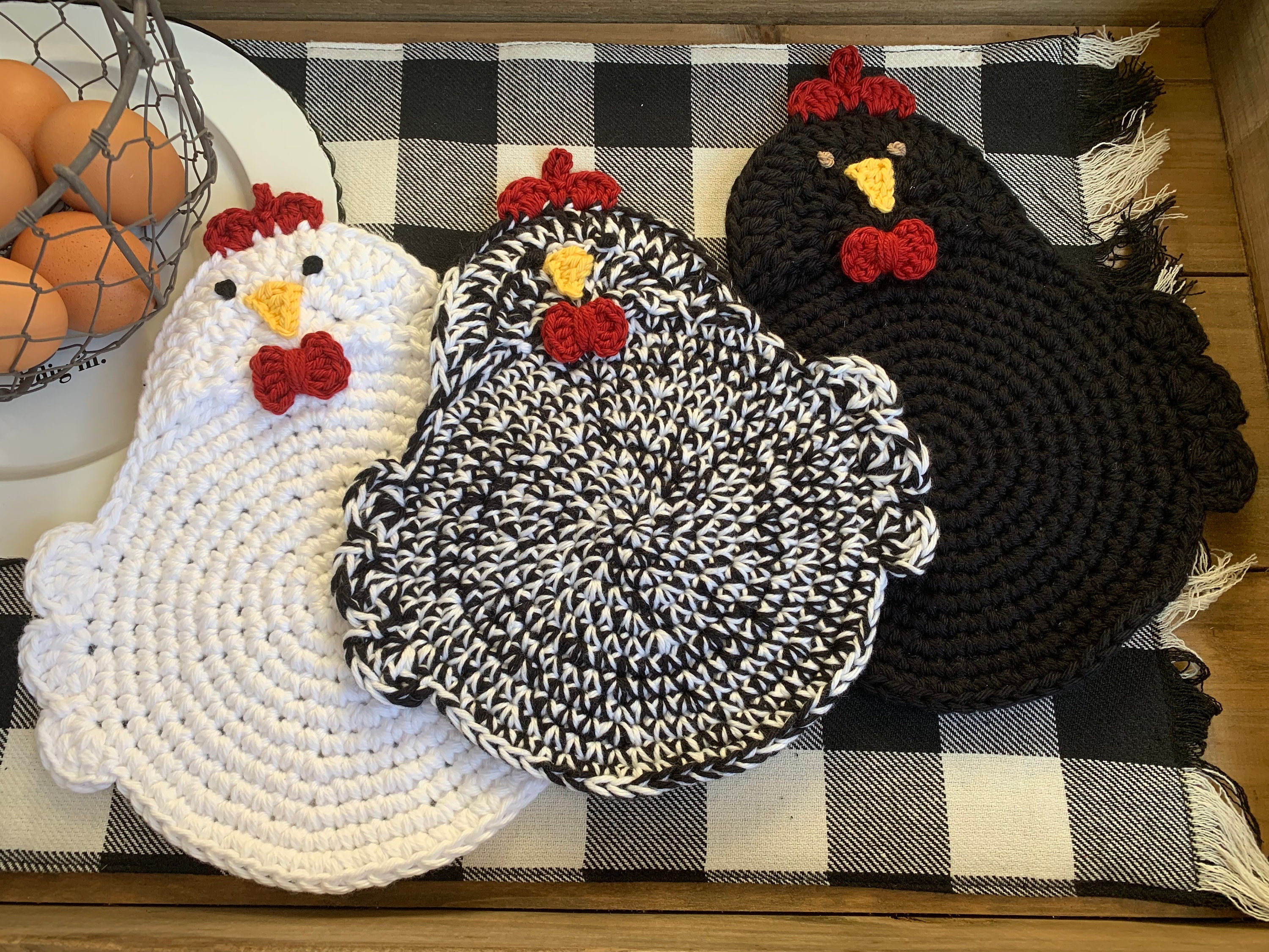 Crochet Chicken Potholders, Trivets, Handmade, 100% cotton yarn, double-layered
