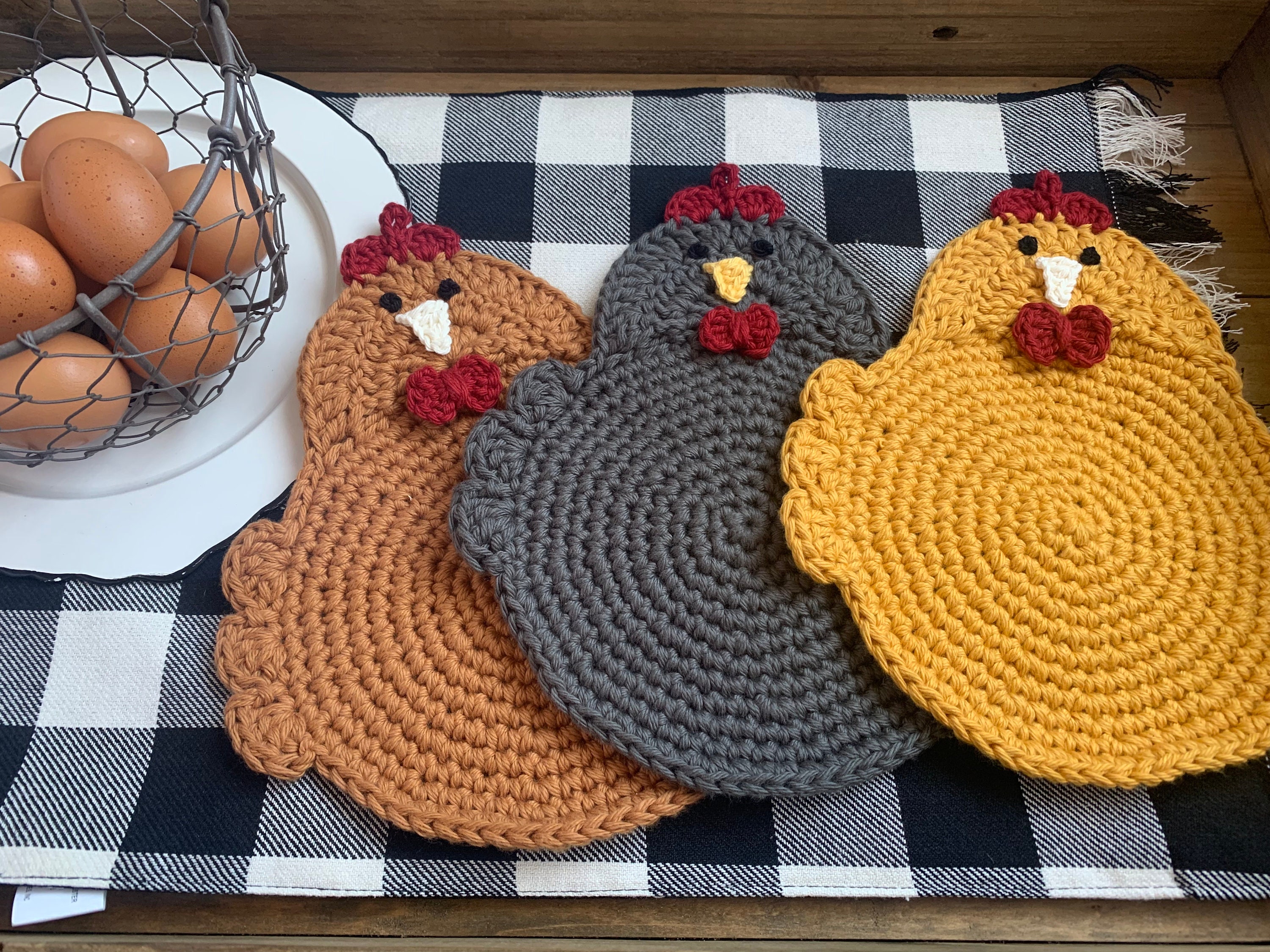 Crochet Chicken Potholders, Trivets, Handmade, 100% cotton yarn, double-layered