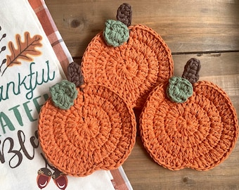 Farmhouse Crochet Pumpkin Coasters, Set of 3 or 5 – Handmade Fall Kitchen Decor