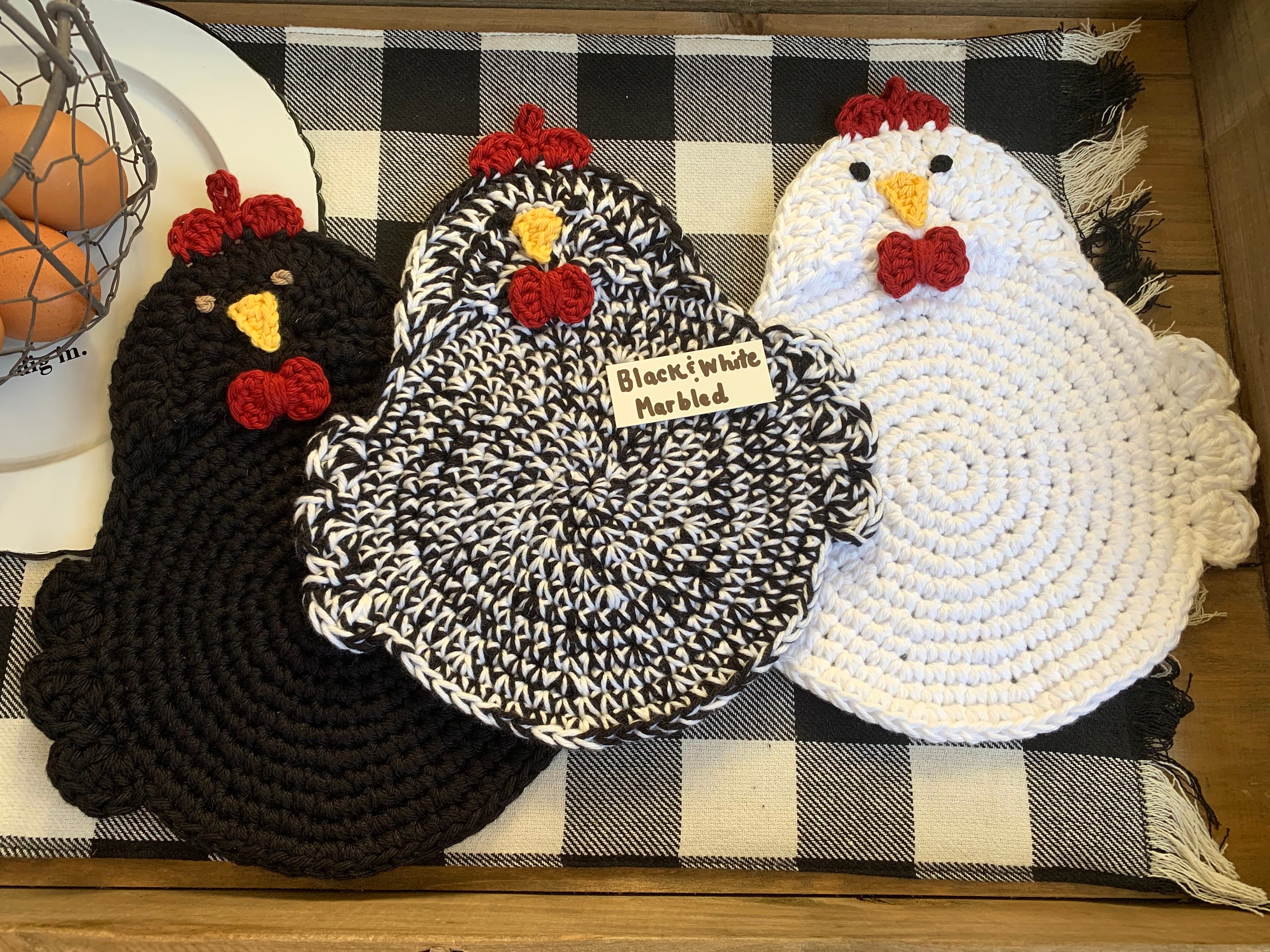 Crochet Chicken Potholders, Trivets, Handmade, 100% cotton yarn, double-layered