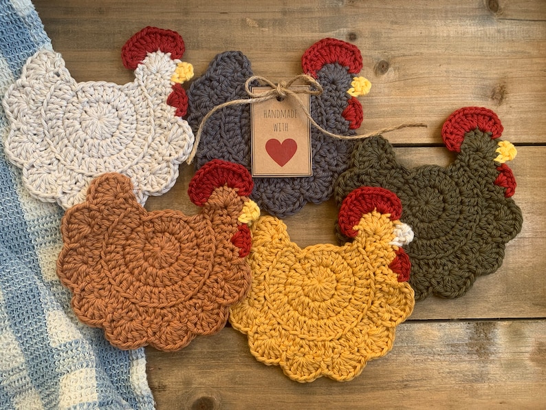 Farmhouse Chicken Crochet Coasters100% CottonHandmade Gift Mother's DayBirthdayTea PartyChicken Themed PartyChicken Lovers' gift idea image 5