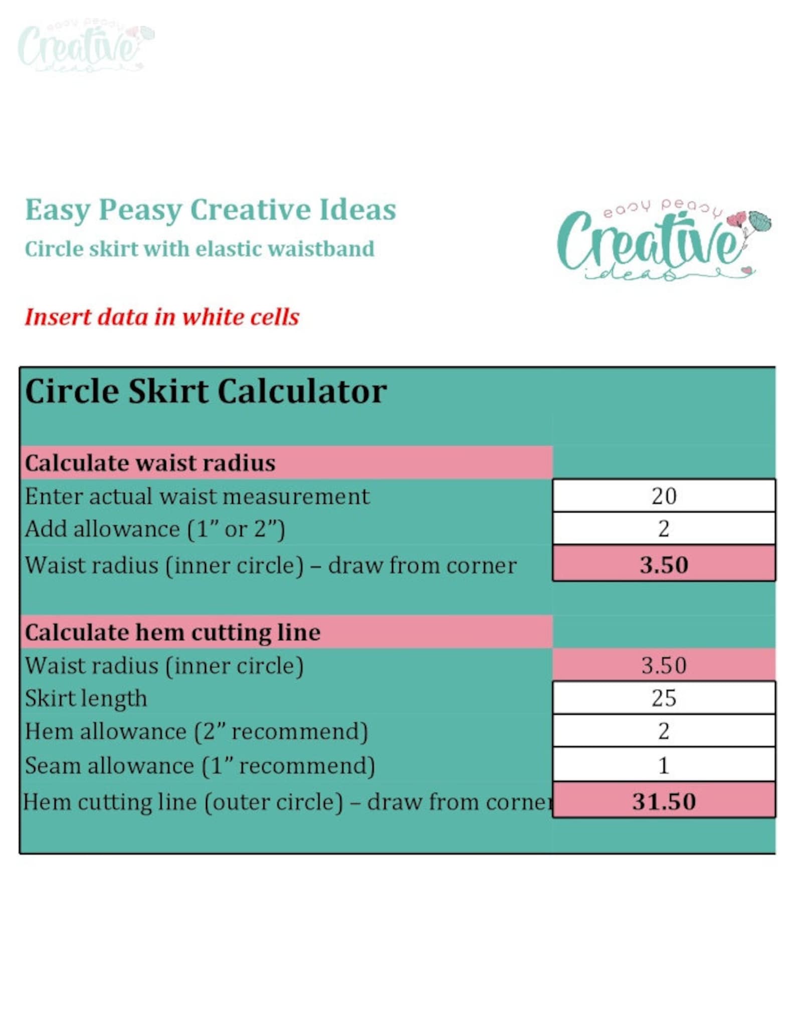 Circle Skirt Calculator Etsy