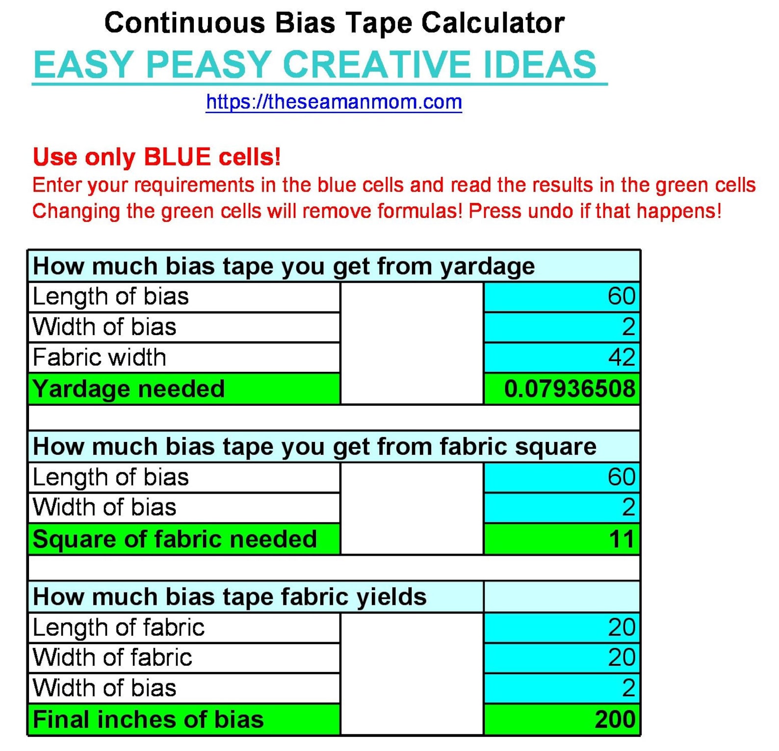 Bias Binding Calculator With Formula and Cheat Sheet, Bias Calculator