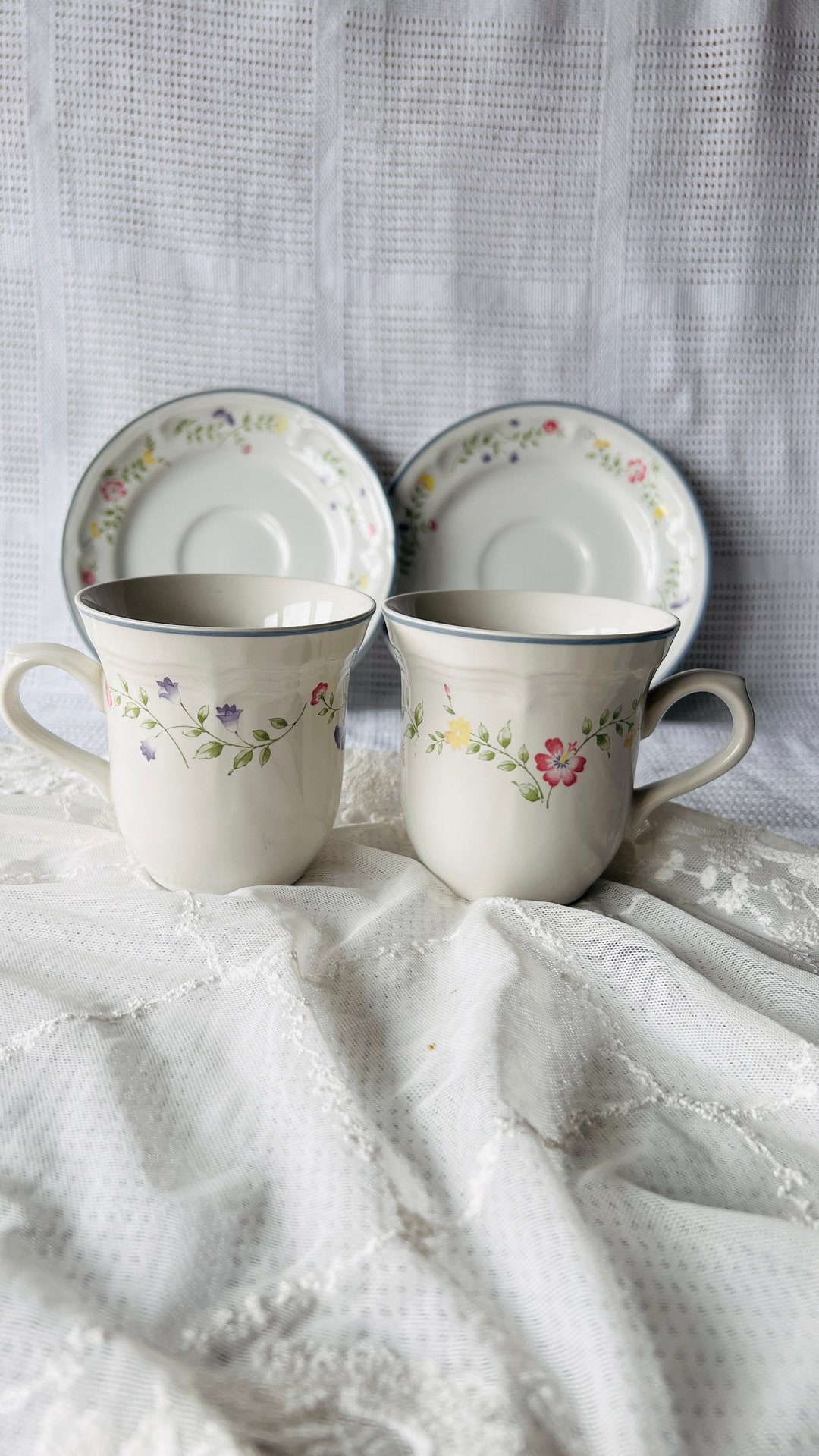 Vintage Cup and Saucers Set, Genuine Stoneware English Garden Thailand