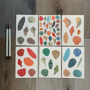 Lot de 6 cartes postales d'art coquillages - coquillages - cartes d'art A6 - collection côtière - oeuvre d'art illustrée - lot de cartes - mini impressions