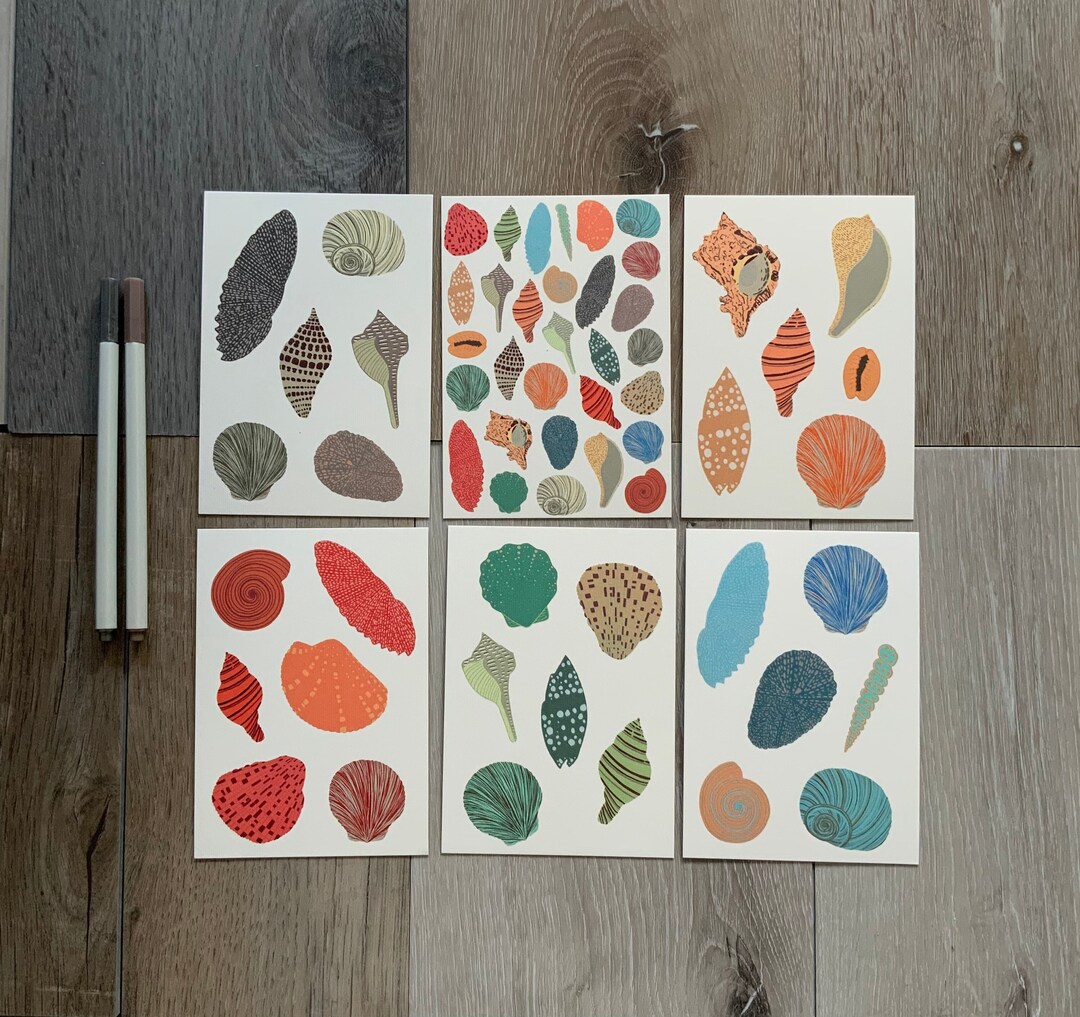 Shell Postcard Seashells Art Postcard Set of 6 - Seashells - A6 Art Cards - Coastal ...