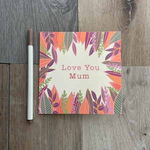 Carte Je t'aime maman, feuilles botaniques, carte de voeux à motifs, fête des mères, carte d'art aquarelle illustrée, carte florale, célébration
