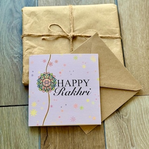 Tarjeta de felicitación con diseño de feliz Rakhri, feliz rakhri, rakhri, lujoso, Raksha Bandhan, interior en blanco, sobre Kraft, diseño de patrón, hermano