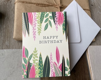 Happy Birthday Card - Happy Birthday - Pink Leaves - Colourful Card - Greeting Card - Card For Her - Pink Card