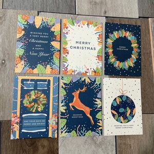 Juego de 6 postales navideñas, tarjetas navideñas festivas, arte ilustrativo, arte mural, juego de paquetes múltiples, arte botánico, paquete múltiple de tarjetas artísticas, tarjetas azules
