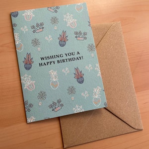 En vous souhaitant un joyeux anniversaire, carte de voeux à motifs, plantes, feuilles, coloré, motifs, bleu, célébration, botanique, idée cadeau