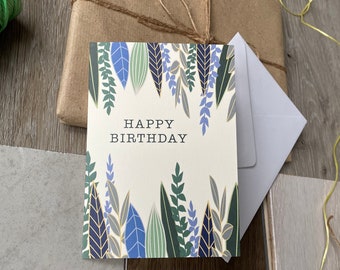 Happy Birthday Card - Happy Birthday - Blue Leaves - Greeting Card - A6 - Card For Him - Card For Her - Colourful Card