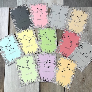 Set di 12 cartoline zodiacali, costellazioni zodiacali, cartoline zodiacali, segni zodiacali, biglietti multipack, cartoline A6, biglietti di auguri con foglie, stampa artistica