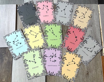 Set di 12 cartoline zodiacali, costellazioni zodiacali, cartoline zodiacali, segni zodiacali, biglietti multipack, cartoline A6, biglietti di auguri con foglie, stampa artistica