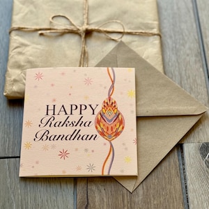 Wesołego Raksha Bandhan Wzorzysta kartka z pozdrowieniami, wesołego Rakhri, luksusowa, Raksha Bandhan, pusta w środku, koperta Kraft, wzór, brat