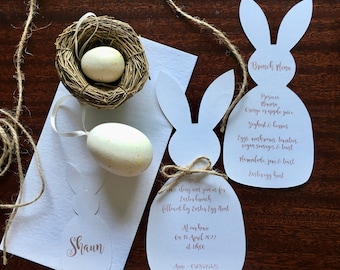 Easter Bunny Rabbit White Paper Personalised Invitation | Ostara Spring Wedding | Blue Green Grey Brown Pink Printing