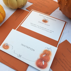 Echantillon de faire-part de mariage automne citrouille | Orange rouille d'automne et blanc cassé | Carte en lin C5 | Papeterie saisonnière confortable