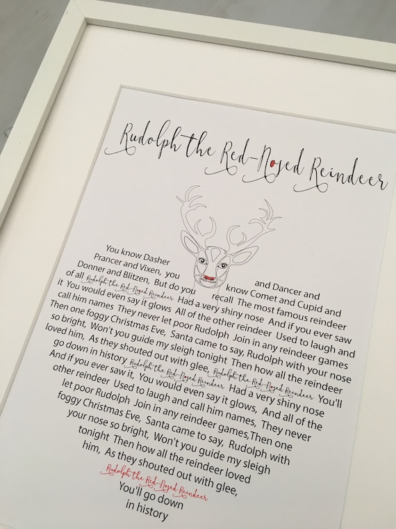Rudolph The Red Nosed Reindeer Christmas Carol Lyric Song Frame Or Print Gift Rudolph The Red Nosed Reindeer Christmas Carol Lyric Song Frame Or Print Gift