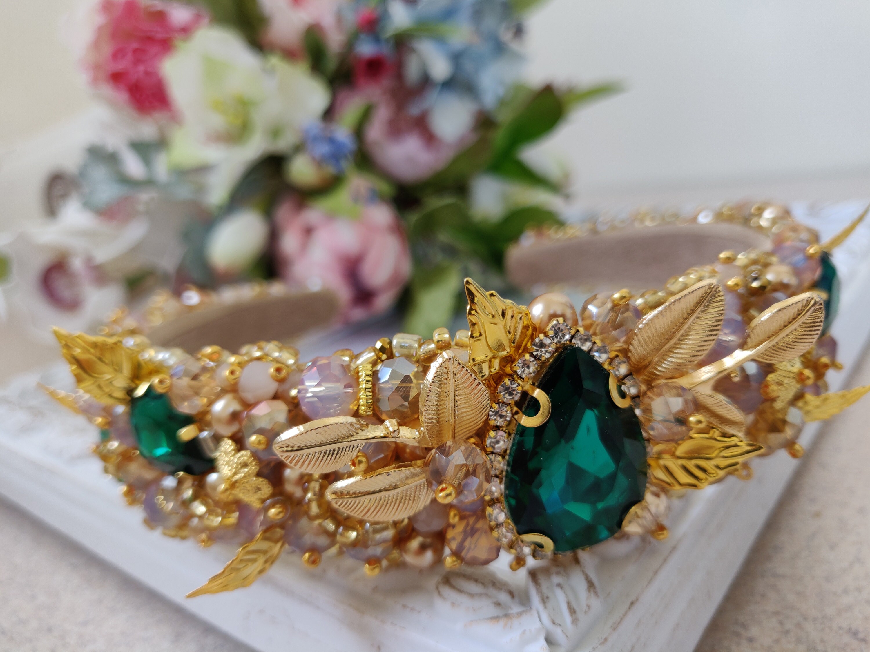 Embellished green gold Jeweled headband Beaded headbands for Etsy