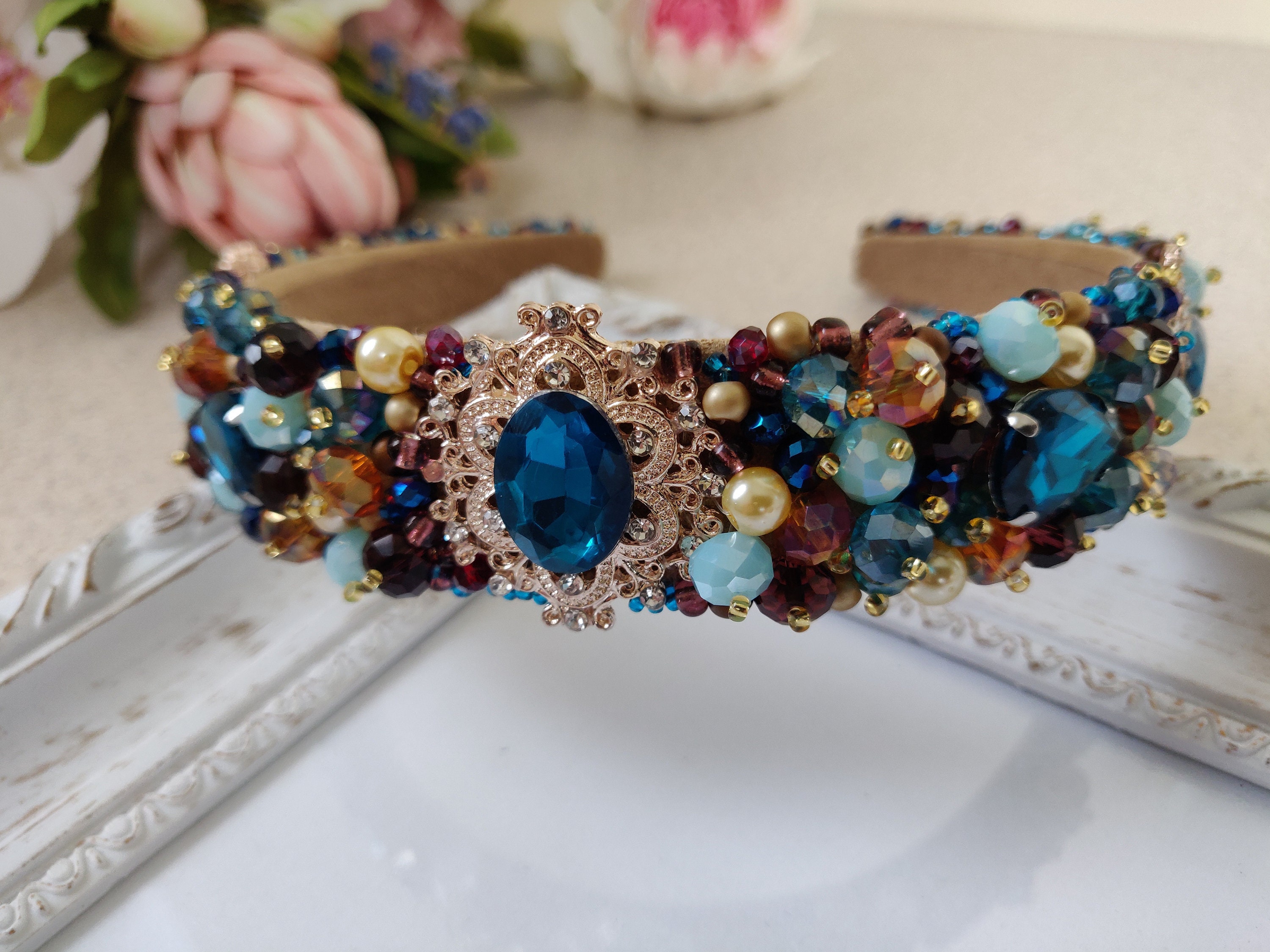 Embellished blue gold Jeweled headband Beaded headbands for | Etsy