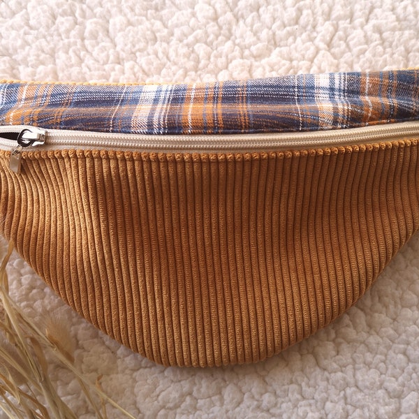 Sac banane en velours de coton côtelé et tissu tartan upcyclé sac banane femme, velours