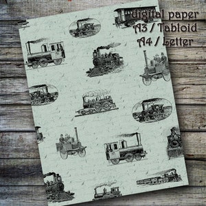 DIGITAL PAPER - Vintage trains. Printable, digital paper, junk journal, digital collage sheets, scrapbooking, bicycle, handwriting, vintage