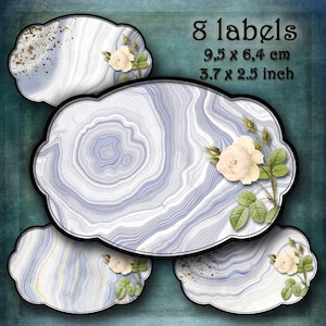 Puede incluir: Ocho etiquetas imprimibles con fondo de mármol blanco y diseño de rosa blanca. Las etiquetas miden 9,5 x 6,4 cm.