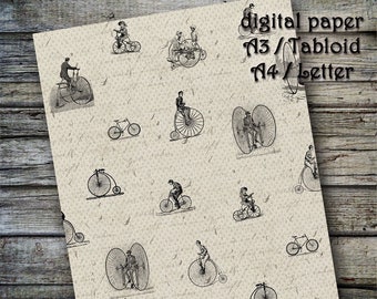 DIGITAL PAPER - Vintage bicycles. Printable, digital paper, junk journal, digital collage sheet, scrapbooking, bicycle, handwriting, vintage