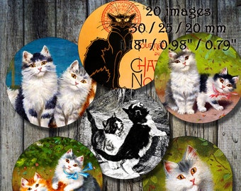 CIRCLES - Cats (1). 30 mm / 1.18'', 25 mm / 0.98'', 20 mm / 0.79'' Printable, digital, jewelry, circles, cats, scrapbooking, vintage