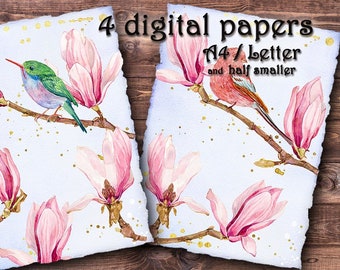 DIGITAL PAPERS - Flowers & birds (1). Printable, digital paper, collage sheet, vintage paper, scrapbooking, junk journal paper, floral, bird