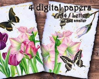 DIGITAL PAPERS - Flowers & butterflies (1). Printable, digital paper, collage sheet, vintage paper, junk journal paper, floral, butterfly