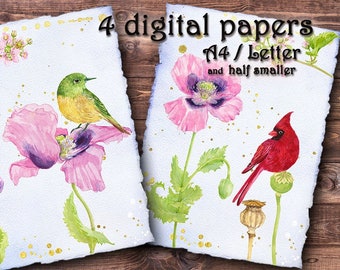 DIGITAL PAPERS - Flowers & birds (2). Printable, digital paper, collage sheet, vintage paper, scrapbooking, junk journal paper, floral, bird