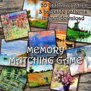 JUEGO DE MEMORIA - Claude Monet (1). Imprimible, tarjetas a juego, regalo perfecto, juego familiar, descarga instantánea, Monet, juego de niños, tarjetas