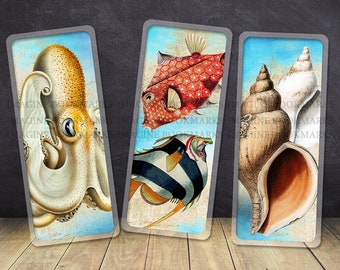 Marine biology gift, ocean life bookmarks, underwater illustrations, octopus, fish, shell, nature lover gift. 02NL