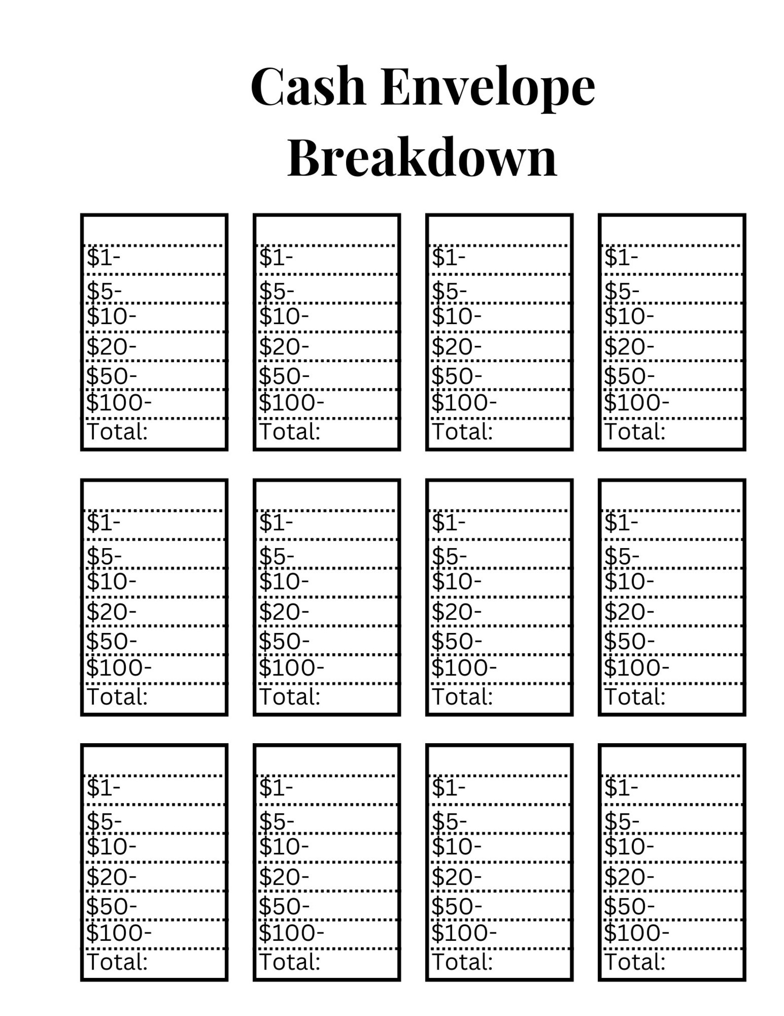 Cash Envelope Breakdown Sheet Printable PDF 12 per Page Etsy