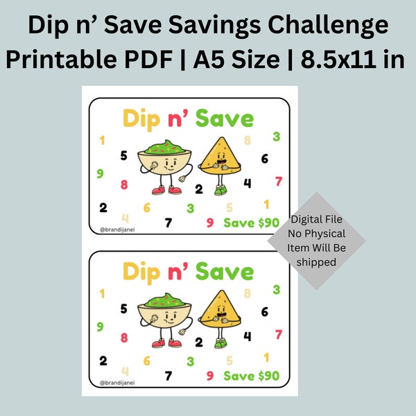 Dip n' Save Savings Challenge | Printable PDF | 8.5x11in | A5 Savings Challenge | Cash Envelope System