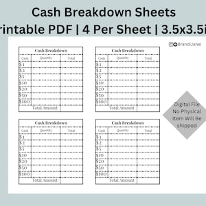 Cash Breakdown Sheet | Printable PDF | 4 per Page | 3.5x3.5 in | Cash ...