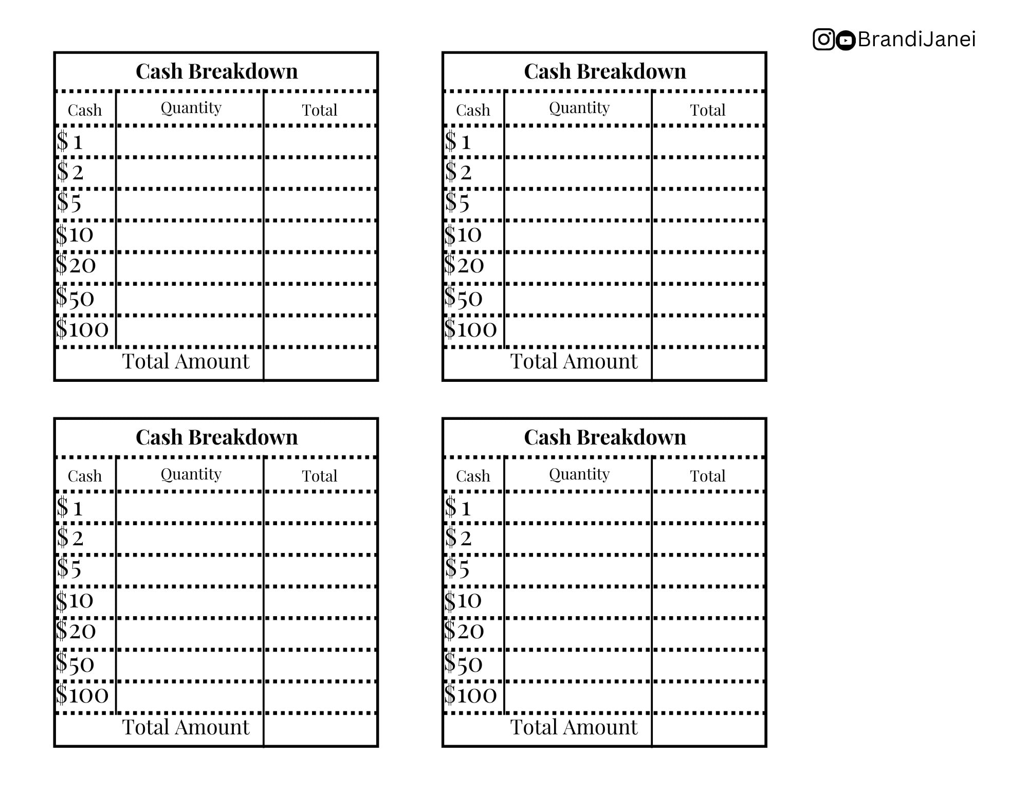 Cash Breakdown Sheet | Printable PDF | 4 per Page | 3.5x3.5 in | Cash ...
