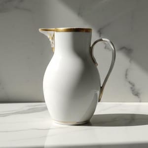 May include: A white ceramic pitcher with a gold rim and handle. The pitcher has a classic shape with a curved body and a spout. The handle is elegantly curved. The gold accents add a touch of sophistication to the piece.