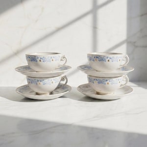 May include: Four stacked teacups and saucers. The cups and saucers are white with a blue floral pattern and gold trim. The teacups have a curved handle.